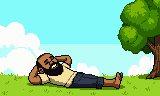 Pixel Michael lying on park grass, looking up at the sky