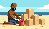 Pixel Michael on a beach, building a sandcastle