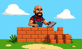 Pixel Michael laying a brick onto a low wall