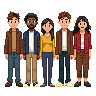 Pixel art of five people of different heights and skin tones standing shoulder to shoulder, facing forward