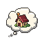 Pixel art of a thought bubble holding one small cottage