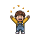 Pixel art of a person with both arms up in celebration under falling confetti