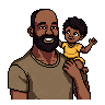 Pixel Michael carrying a delighted small child on his shoulders