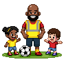 Pixel Michael in a hi-vis vest playing football with two small children