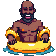 Pixel Michael in a rubber ring with orange armband floaters, grinning nervously
