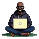 Pixel Michael in thick glasses and a hoodie, coding on a laptop